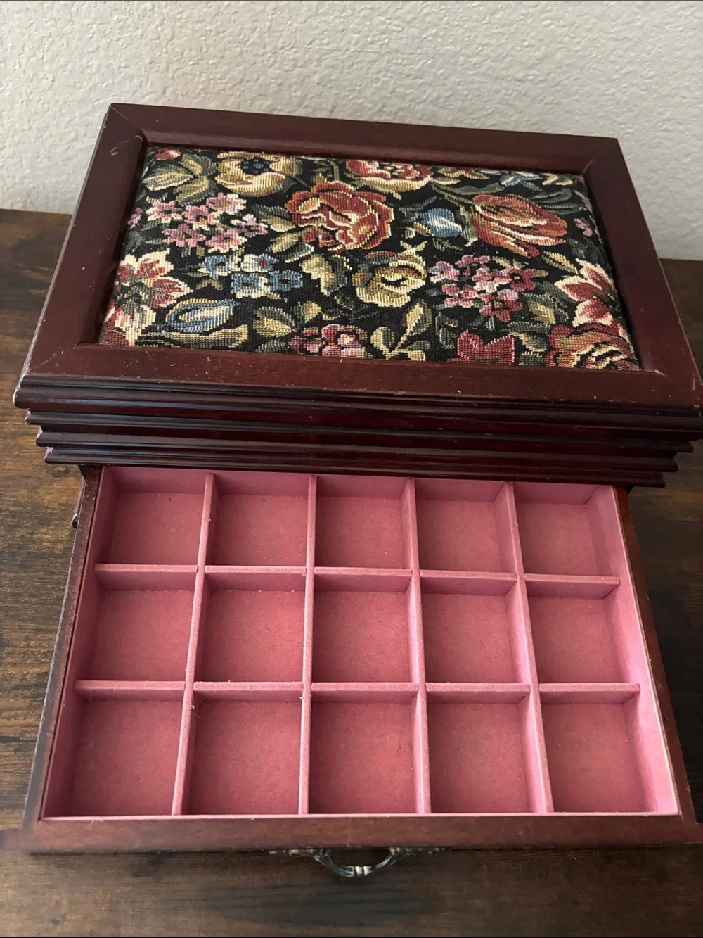 Vintage Wooden Jewelry Box Floral Needlepoint Tapestry Top Brown Burgundy